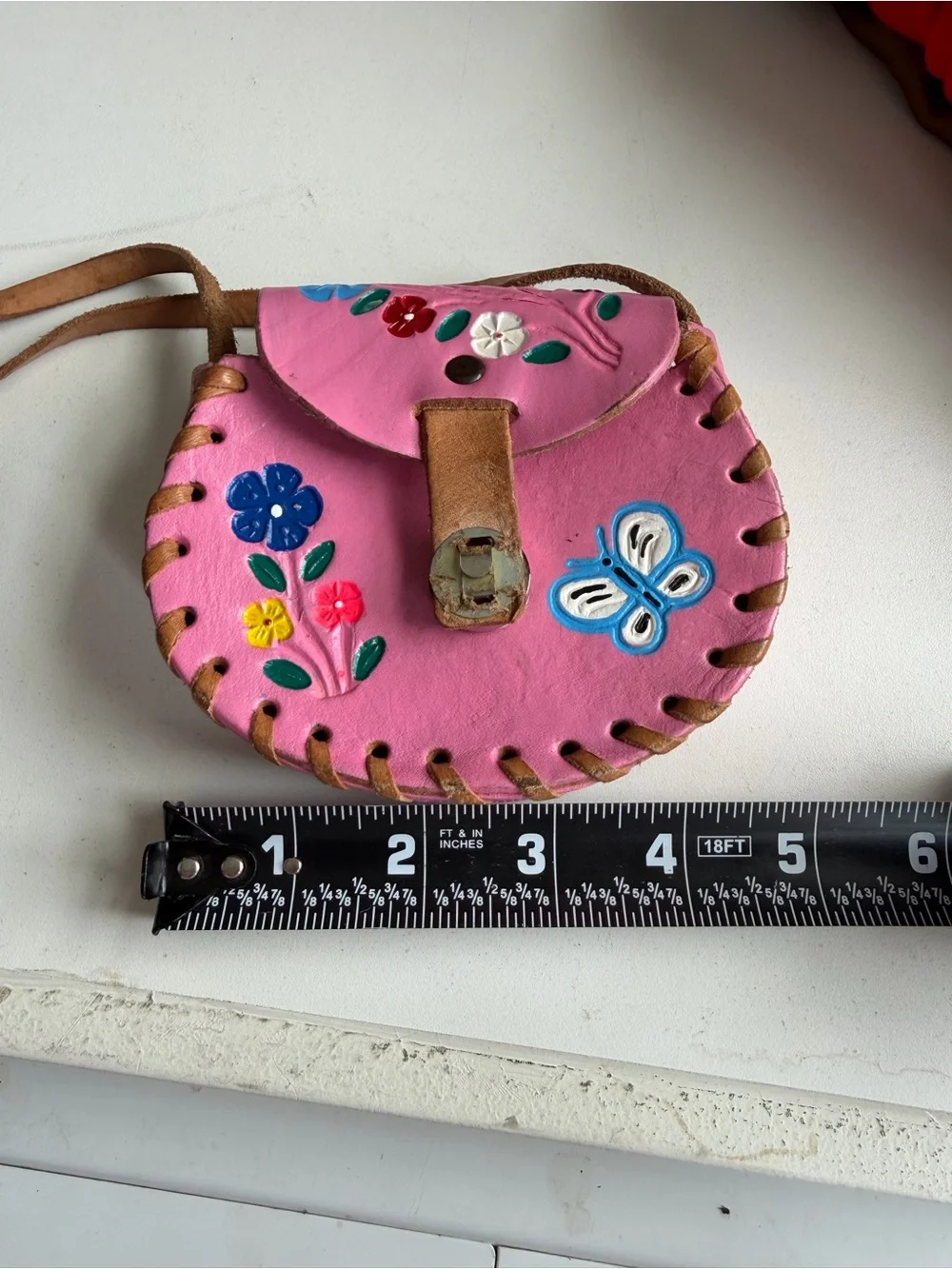 Vintage Hecho en Mexico Pink Leather Hand Painted Floral Butterfly Mini Purse